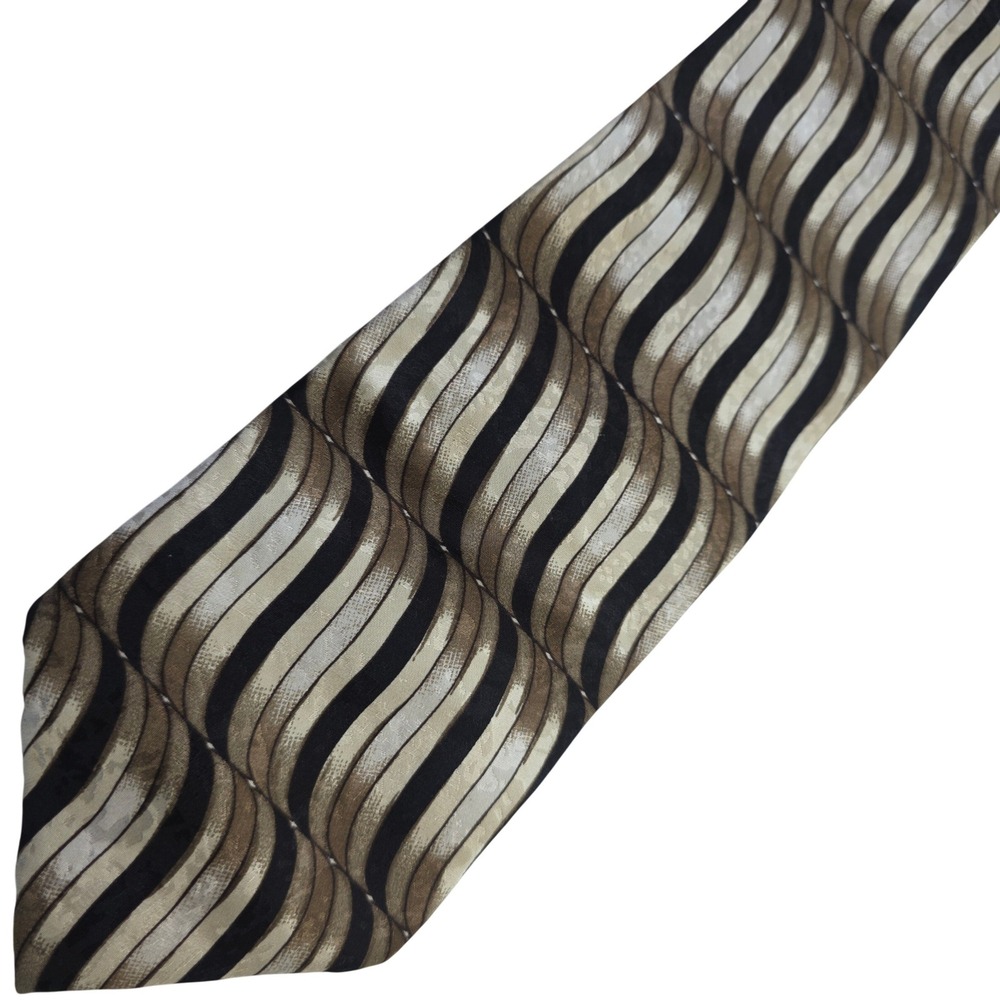 Giorgio Moreschi Mens Silk Tie Italy Hand Made Brown Black‎ Gold Wavy Pattern